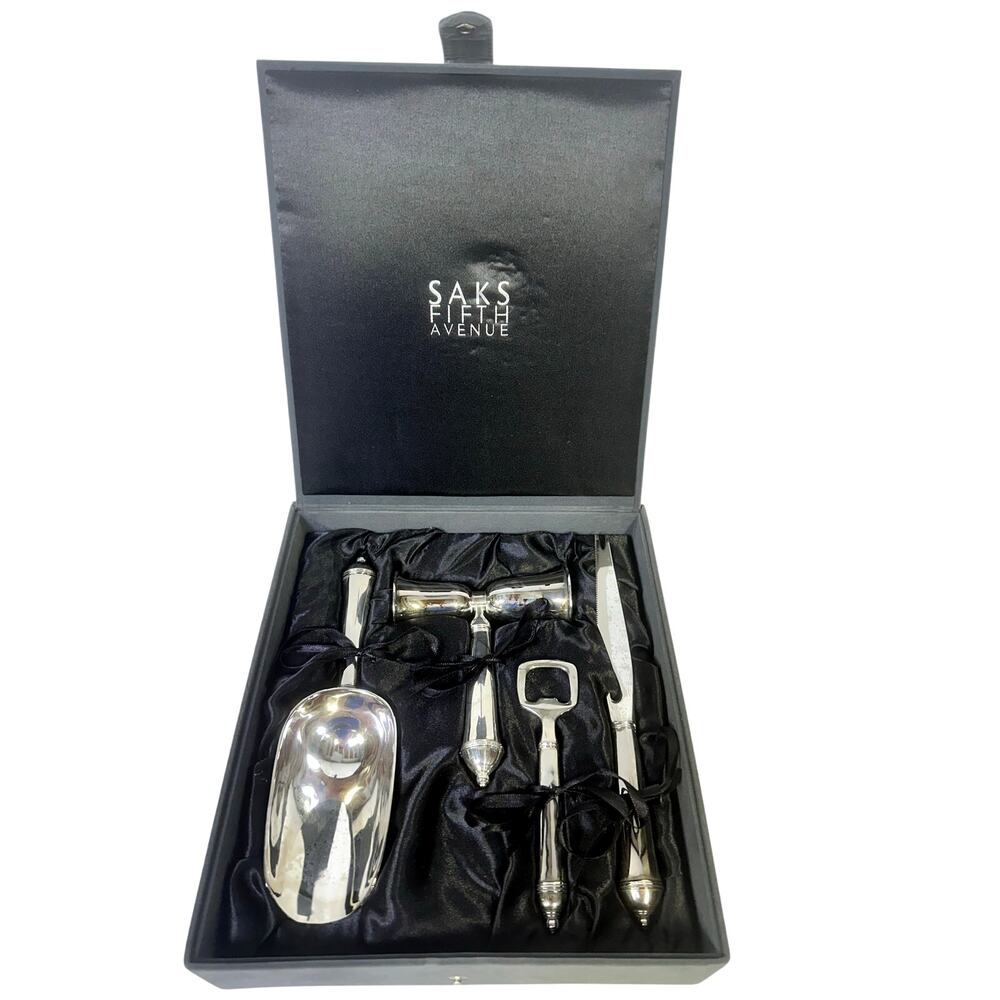 Saks Fifth Avenue Elegant 4 Piece Silver Plated Bar Set Black Satin Lined Case